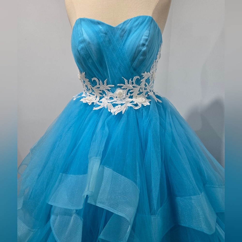 Mila Hoffman Custom Couture Ball Gown, Blue Topaz, White Floral Emroidered Waist - Picture 8 of 17